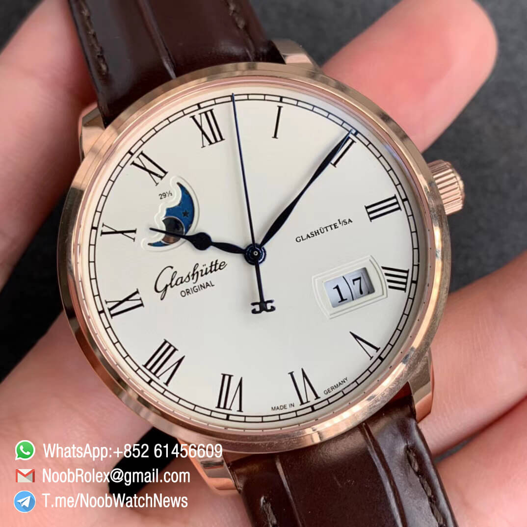 V9F Sup Rep Glashutte Original Excellence Panorama Date MoonPhase Rose Gold Case White Dial on Brown Leather Strap A100 02