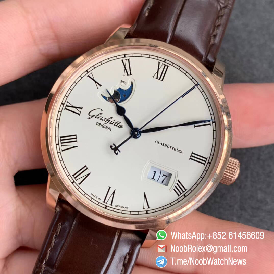 V9F Sup Rep Glashutte Original Excellence Panorama Date MoonPhase Rose Gold Case White Dial on Brown Leather Strap A100 03