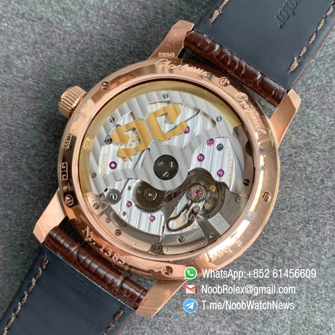 V9F Sup Rep Glashutte Original Excellence Panorama Date MoonPhase Rose Gold Case White Dial on Brown Leather Strap A100 08