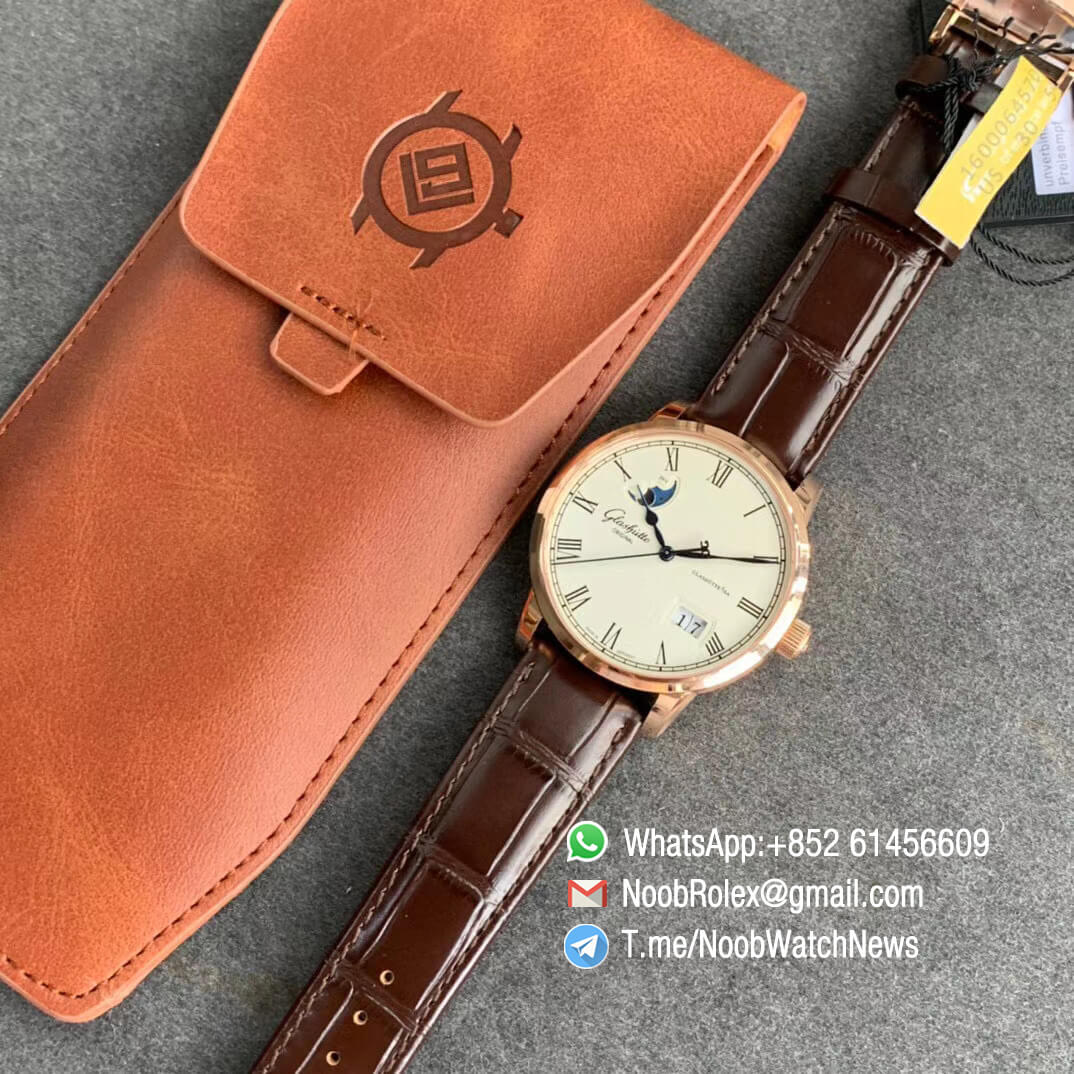 V9F Sup Rep Glashutte Original Excellence Panorama Date MoonPhase Rose Gold Case White Dial on Brown Leather Strap A100 09