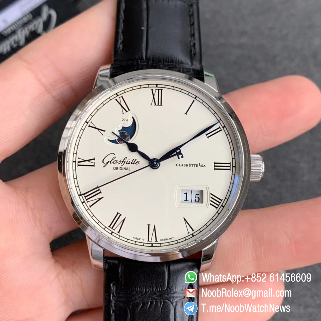 V9F Sup Rep Glashutte Original Excellence Panorama Date MoonPhase Steel Cawe White Dial on Black Leather Strap A100 02