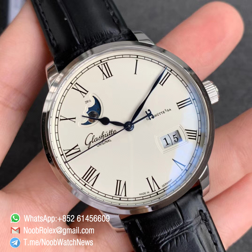 V9F Sup Rep Glashutte Original Excellence Panorama Date MoonPhase Steel Cawe White Dial on Black Leather Strap A100 03