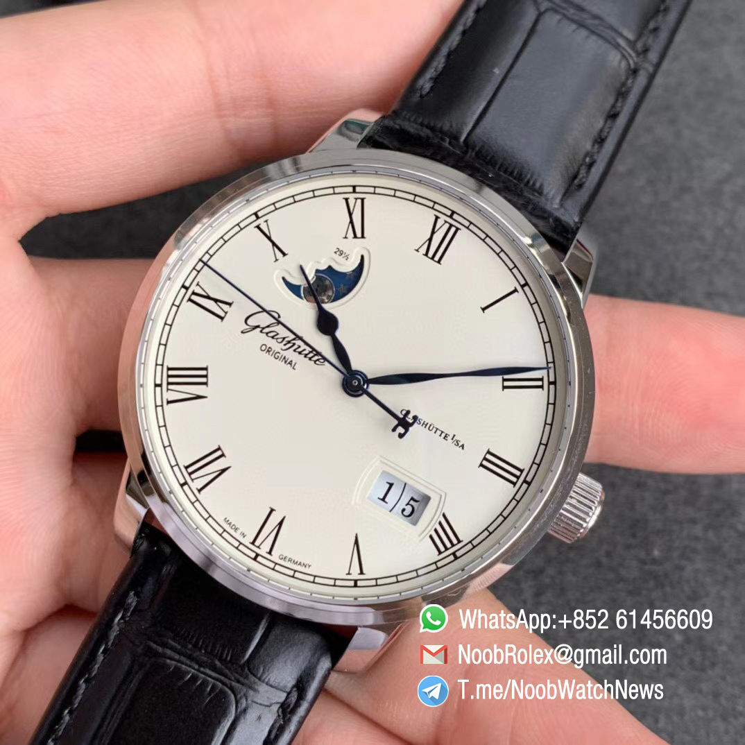 V9F Sup Rep Glashutte Original Excellence Panorama Date MoonPhase Steel Cawe White Dial on Black Leather Strap A100 04