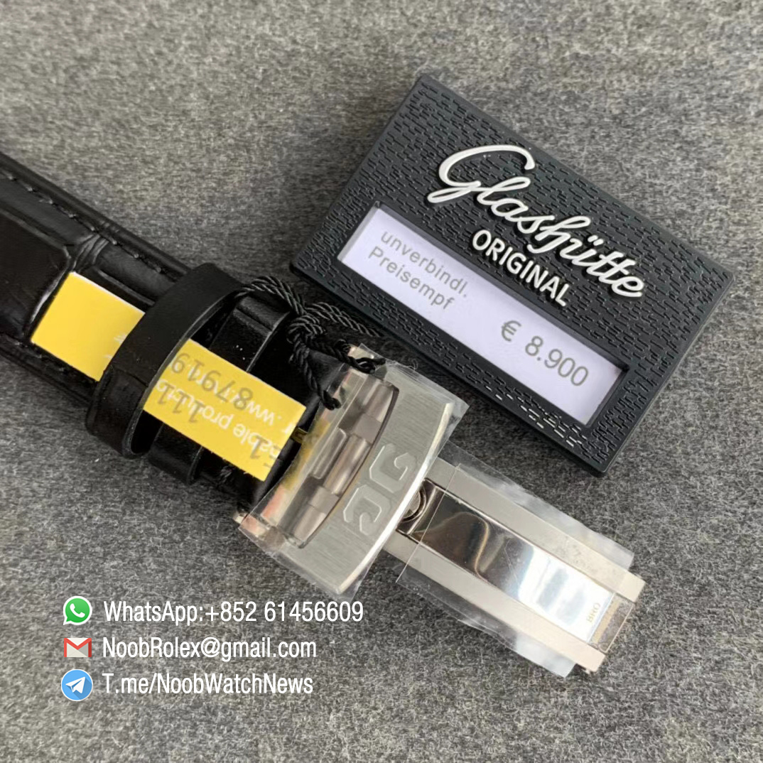 V9F Sup Rep Glashutte Original Excellence Panorama Date MoonPhase Steel Cawe White Dial on Black Leather Strap A100 07