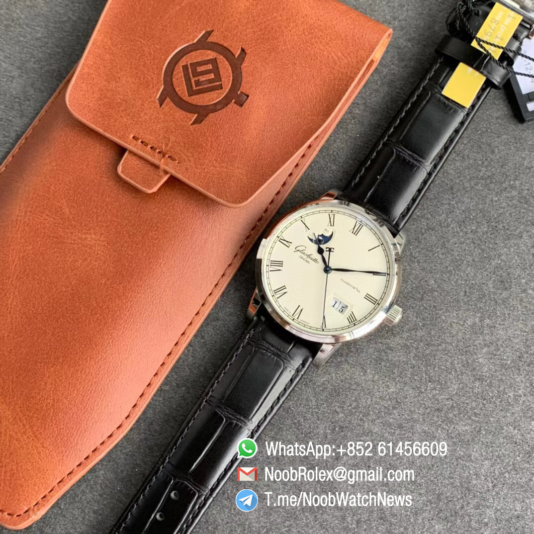 V9F Sup Rep Glashutte Original Excellence Panorama Date MoonPhase Steel Cawe White Dial on Black Leather Strap A100 10