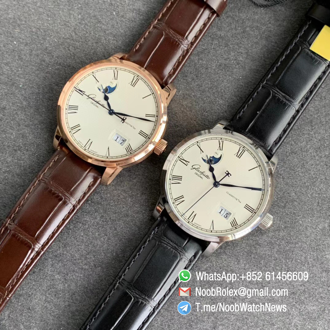 V9F Sup Rep Glashutte Original Excellence Panorama Date MoonPhase Steel Cawe White Dial on Black Leather Strap A100 11