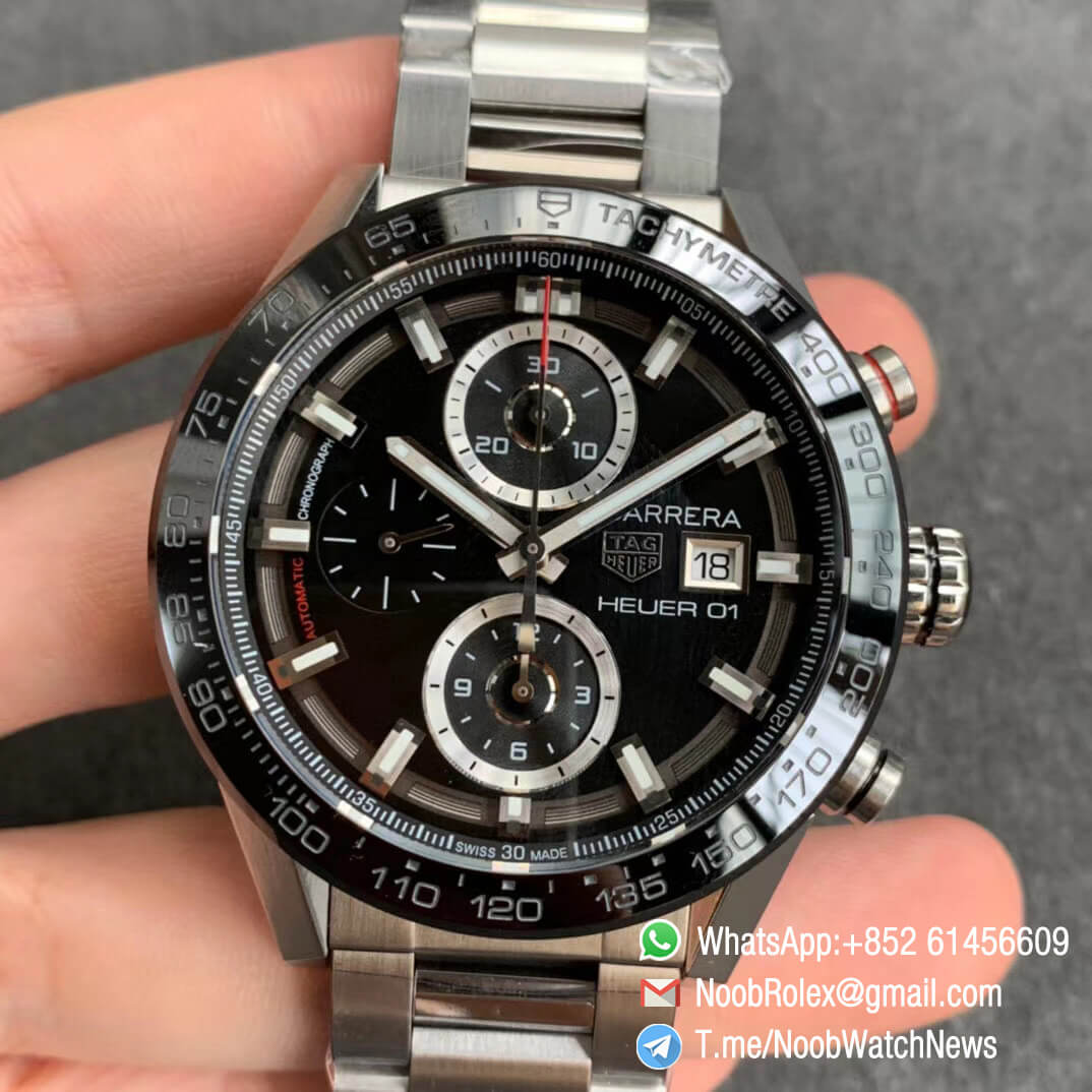 XF Top Fake Tag Heuer Carrera Heuer 01 Chrono Steel Case Black Dial on Steel Bracelet A1887 01
