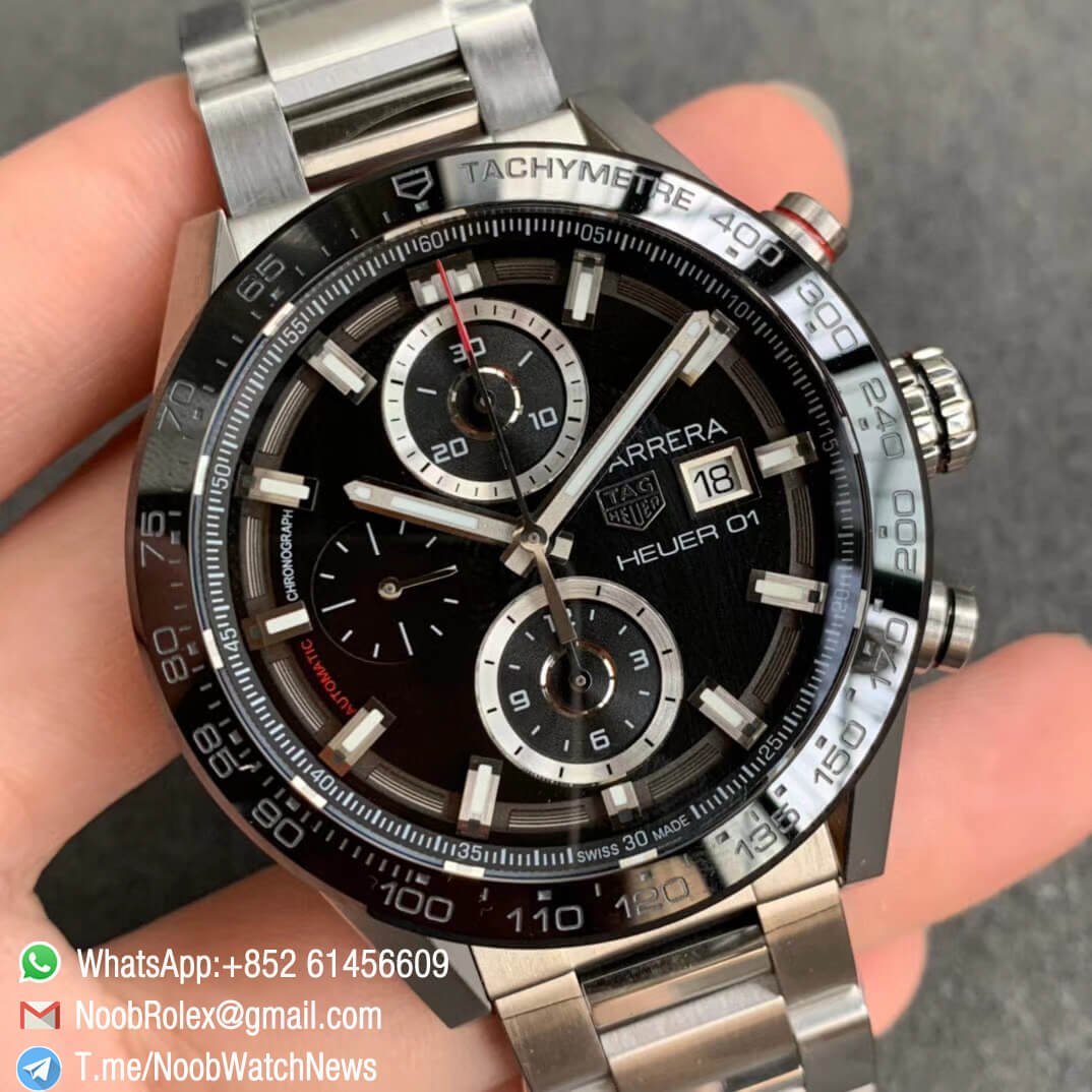 XF Top Fake Tag Heuer Carrera Heuer 01 Chrono Steel Case Black Dial on Steel Bracelet A1887 02