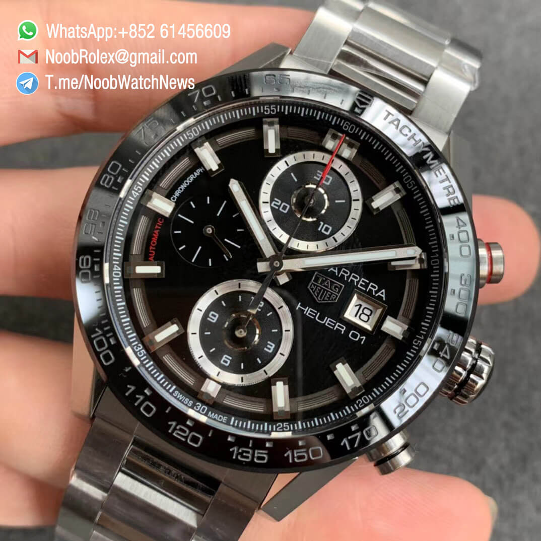 XF Top Fake Tag Heuer Carrera Heuer 01 Chrono Steel Case Black Dial on Steel Bracelet A1887 03