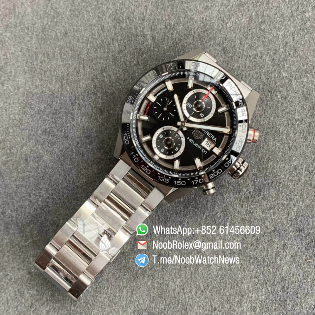 XF Top Fake Tag Heuer Carrera Heuer 01 Chrono Steel Case Black Dial on Steel Bracelet A1887 09