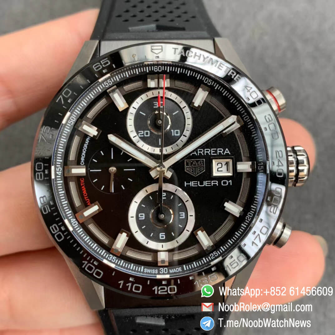XF Top Replica Tag Heuer Calibre Heuer 01 Chronograph Steel Case Black Dial on Black Rubber Strap A1887 01