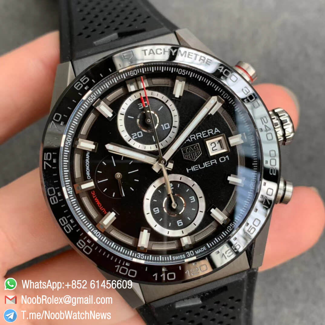 XF Top Replica Tag Heuer Calibre Heuer 01 Chronograph Steel Case Black Dial on Black Rubber Strap A1887 02