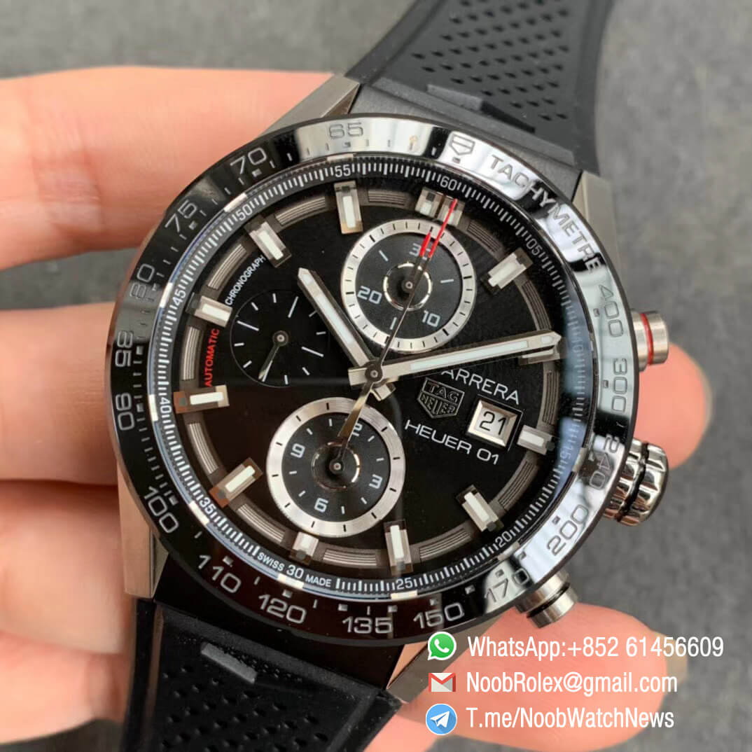 XF Top Replica Tag Heuer Calibre Heuer 01 Chronograph Steel Case Black Dial on Black Rubber Strap A1887 03