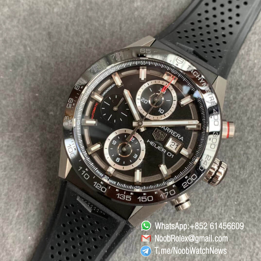 XF Top Replica Tag Heuer Calibre Heuer 01 Chronograph Steel Case Black Dial on Black Rubber Strap A1887 09