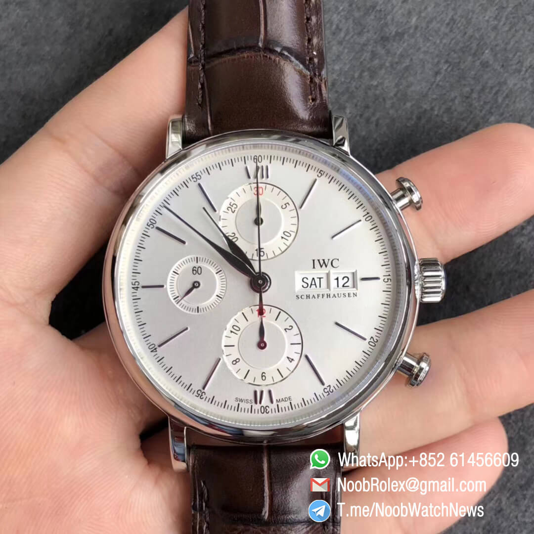 ZF Top Fake Portofino Chronograph IW3910 27 Steel Case 42mm Silver Dial Day Date on Brown Leather Strap A7750 01