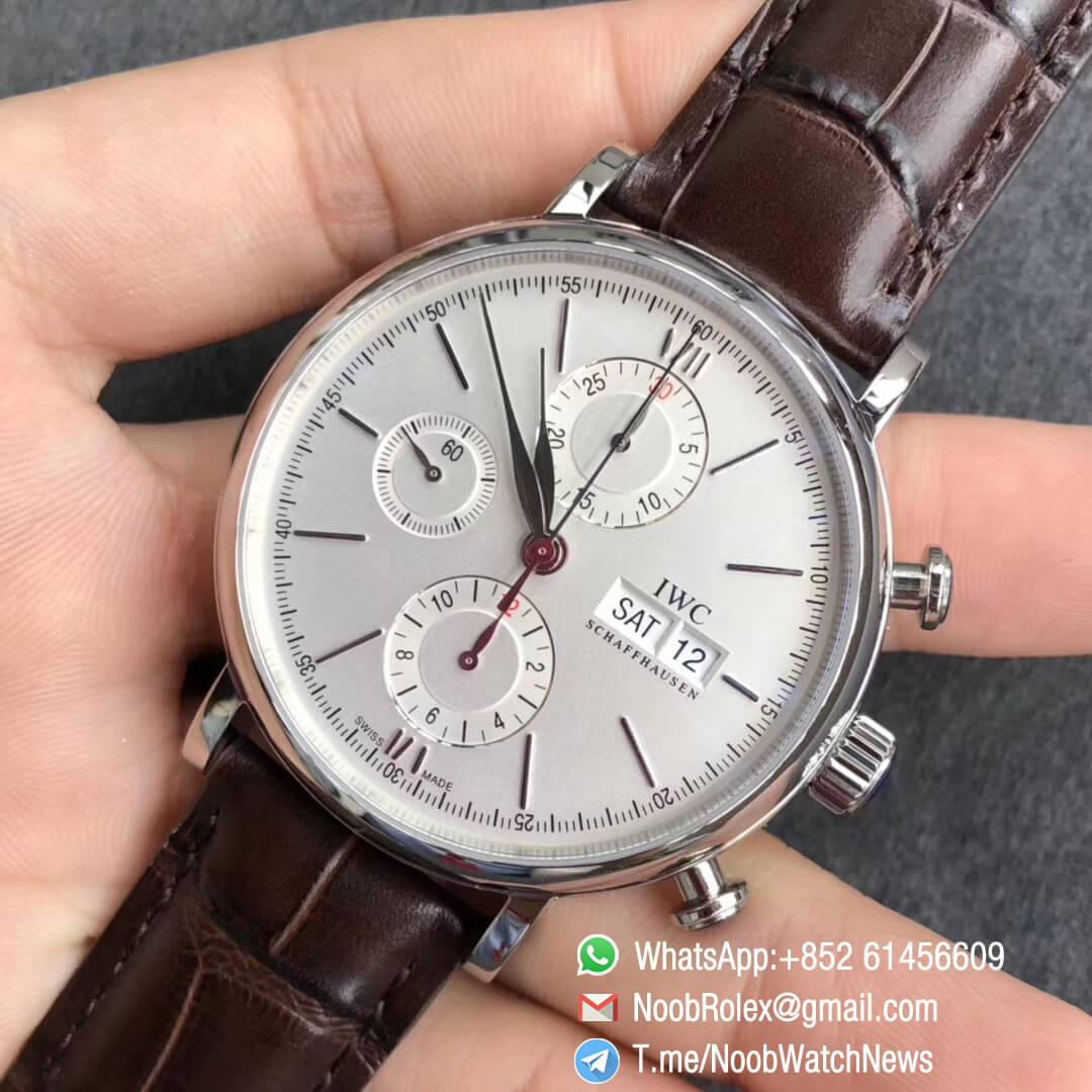 ZF Top Fake Portofino Chronograph IW3910 27 Steel Case 42mm Silver Dial Day Date on Brown Leather Strap A7750 03