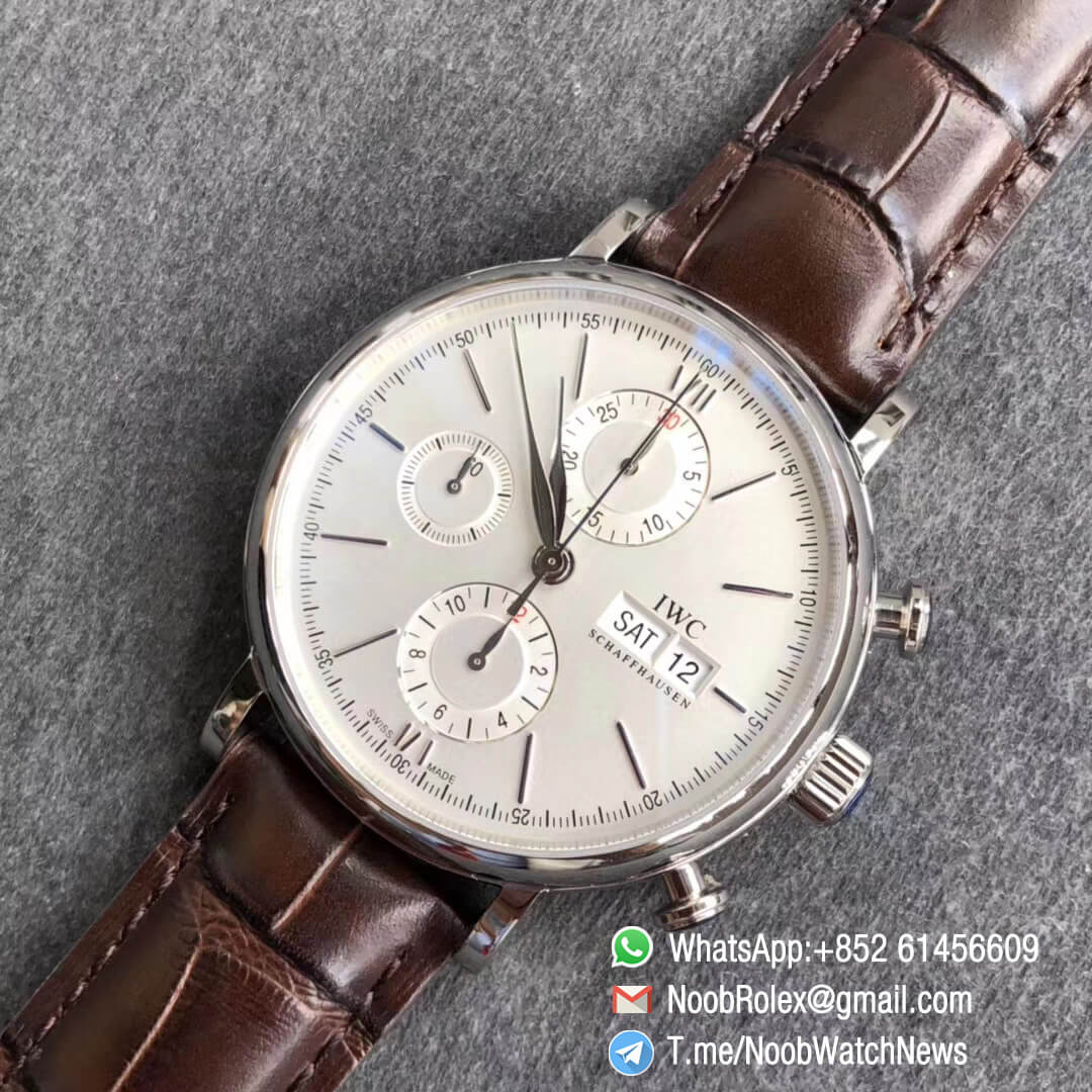 ZF Top Fake Portofino Chronograph IW3910 27 Steel Case 42mm Silver Dial Day Date on Brown Leather Strap A7750 09