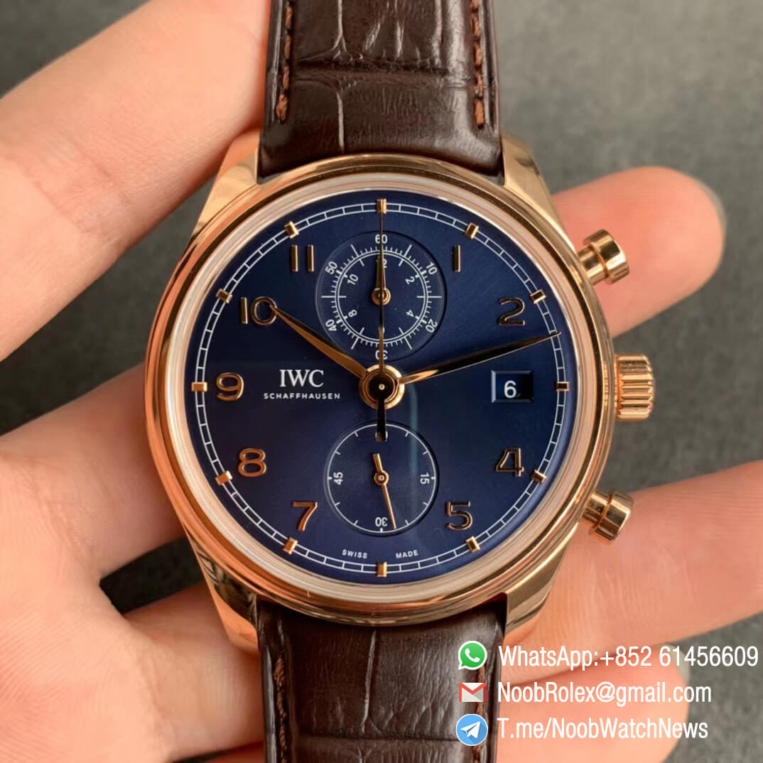 ZF Top Quality IWC Portugieser IW390305 Chrono Classic 42 Rose Gold Case Blue Dial on Brown Leather Strap A7750 01