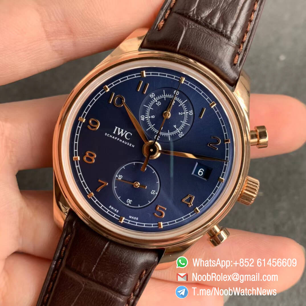 ZF Top Quality IWC Portugieser IW390305 Chrono Classic 42 Rose Gold Case Blue Dial on Brown Leather Strap A7750 03