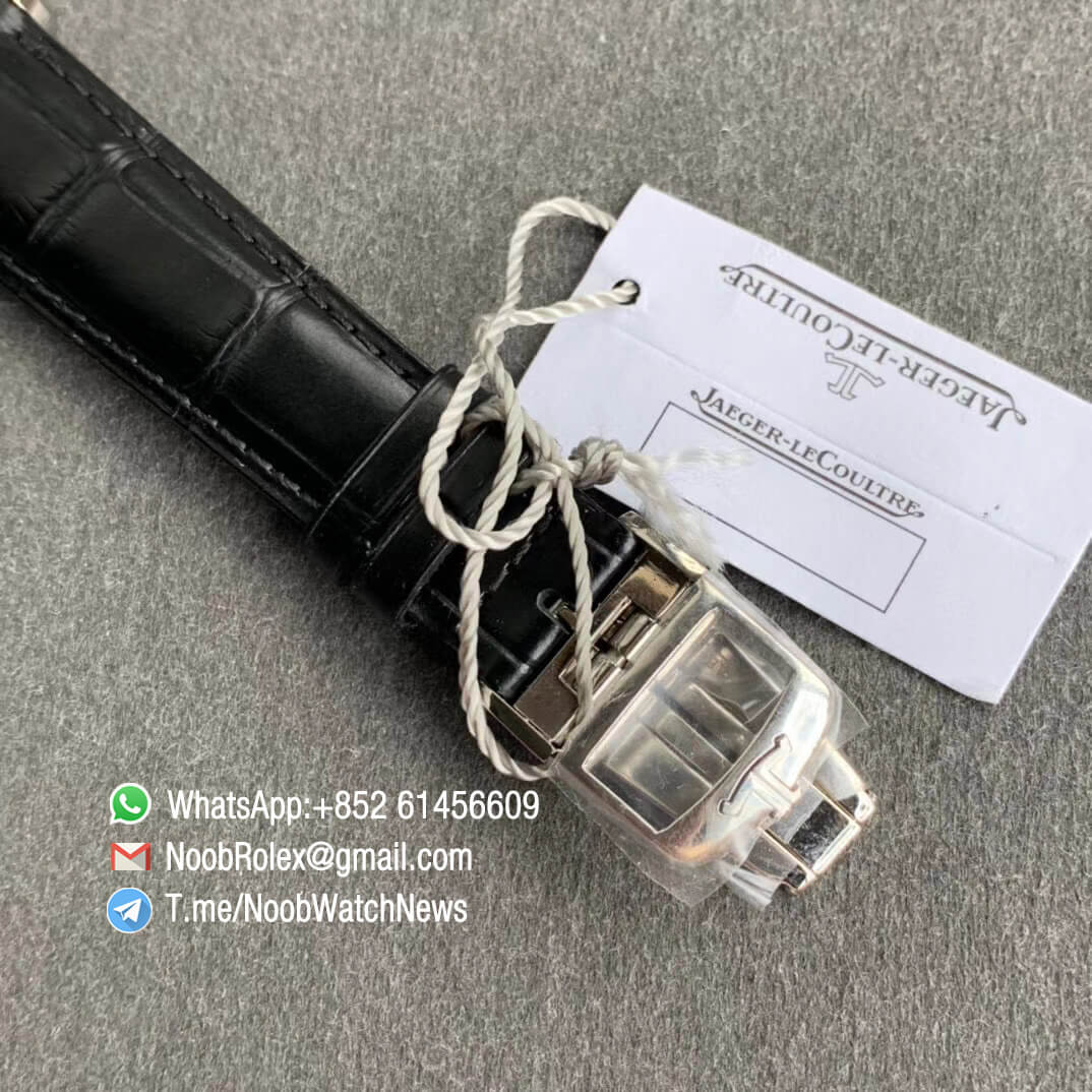 ZF Top Rep Jaeger LeCoultre Master Geographic GMT Power Reserve Steel Case White Dial on Black Leather Strap A939 06