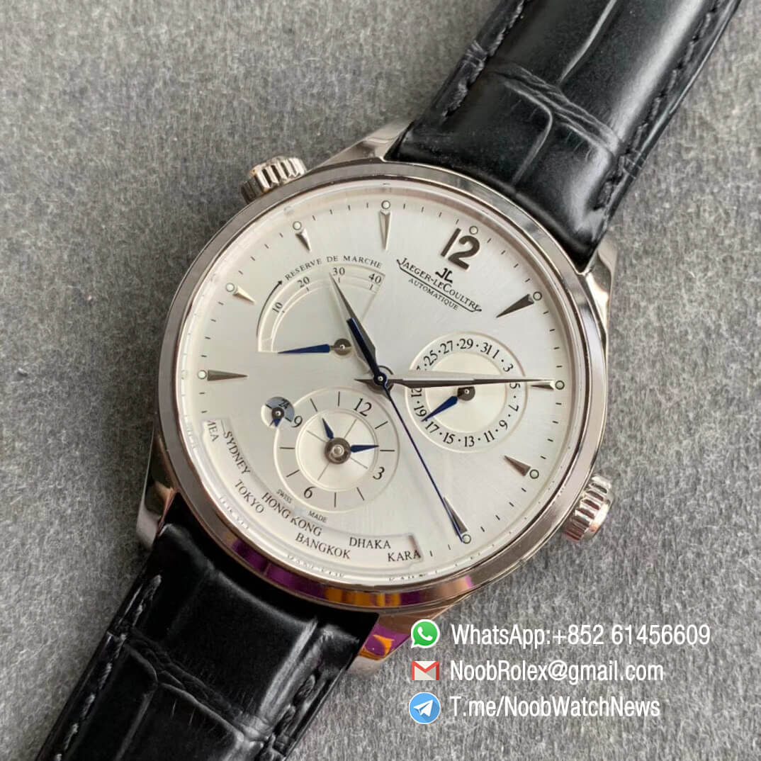 ZF Top Rep Jaeger LeCoultre Master Geographic GMT Power Reserve Steel Case White Dial on Black Leather Strap A939 09