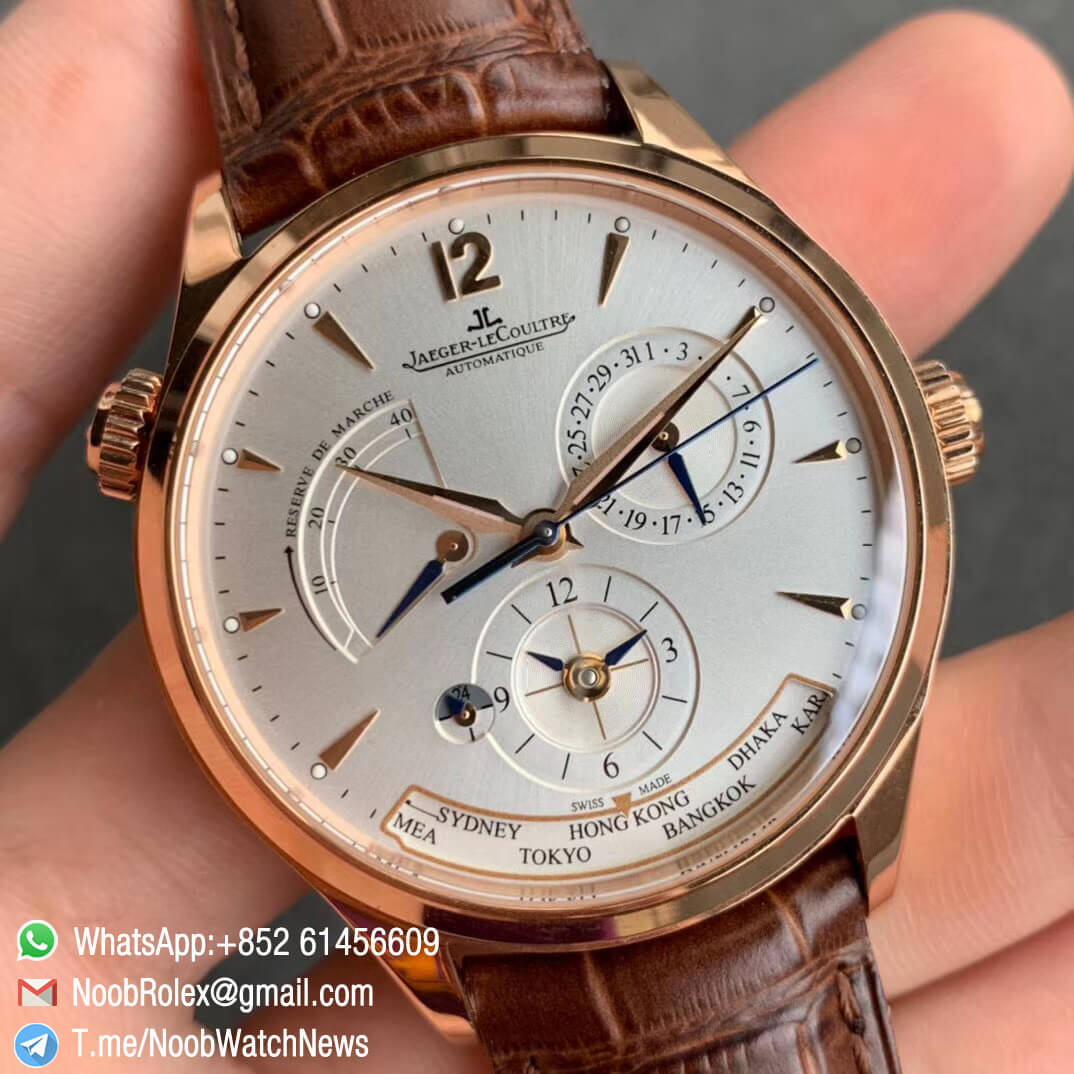 ZF Top Rep Jaeger LeCoultre Master Geographic Real Power Reserve Rose Gold White Dial on Brown Leather Strap A939 02