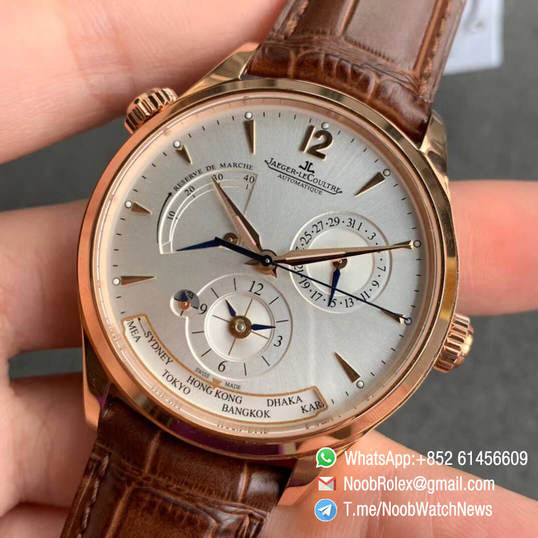 ZF Top Rep Jaeger LeCoultre Master Geographic Real Power Reserve Rose Gold White Dial on Brown Leather Strap A939 03