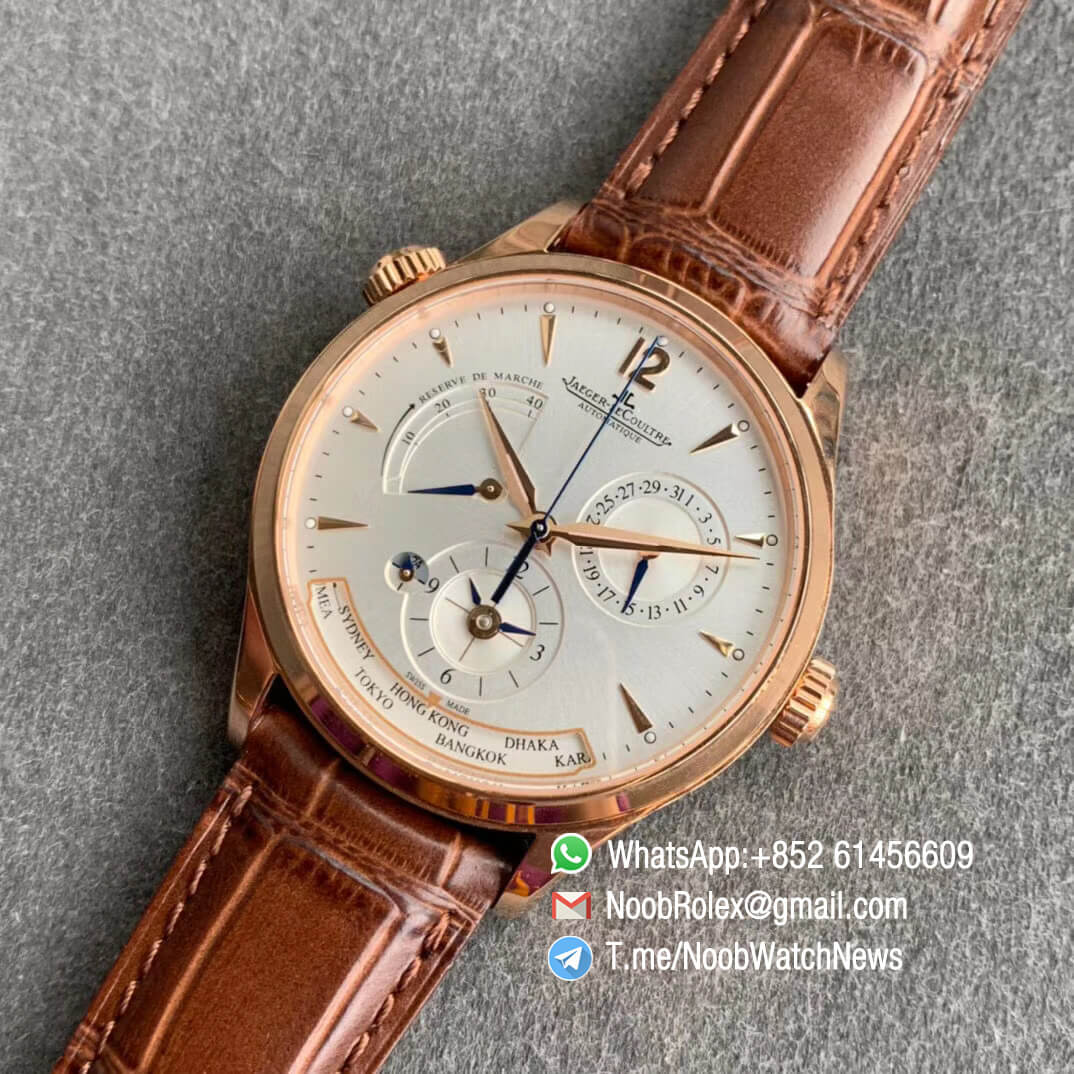 ZF Top Rep Jaeger LeCoultre Master Geographic Real Power Reserve Rose Gold White Dial on Brown Leather Strap A939 09