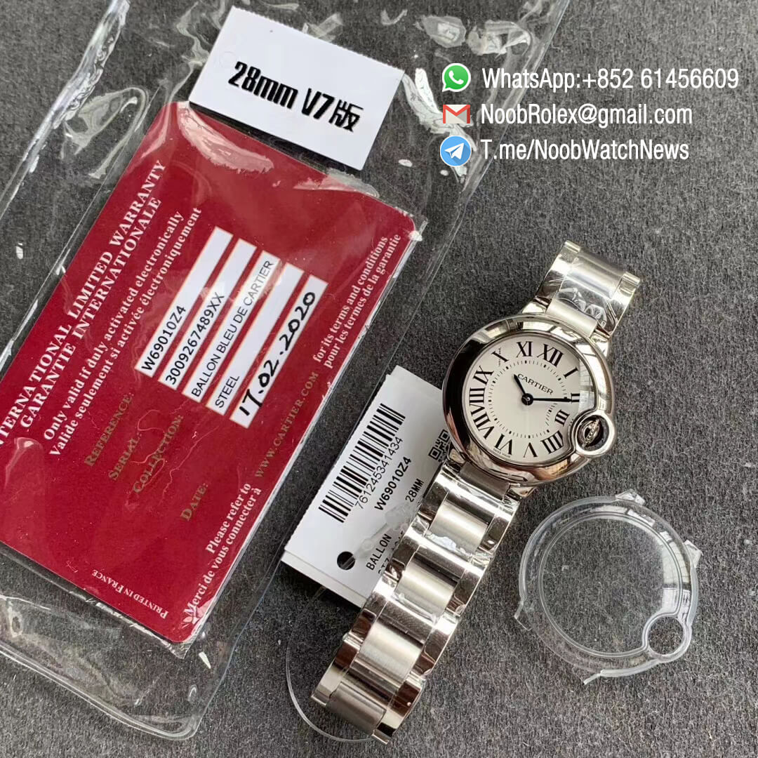 Ballon Bleu 28mm W69010Z4 Steel Case Bracelet White Dial with Swiss Ronda Quartz Comes with Warranty Card V6F V7 Best Edition 09