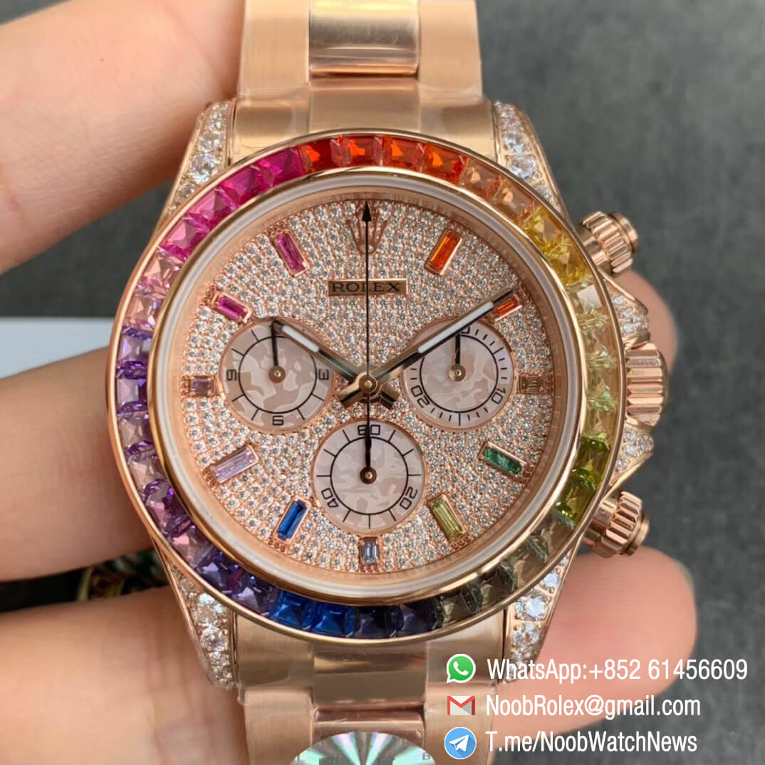 Cheap Rolex Daytona 116595RBOW Full Rose Gold Case Bracelet Rainbow Crystal Bezel Dianmonds Dial A4130 BLF 01