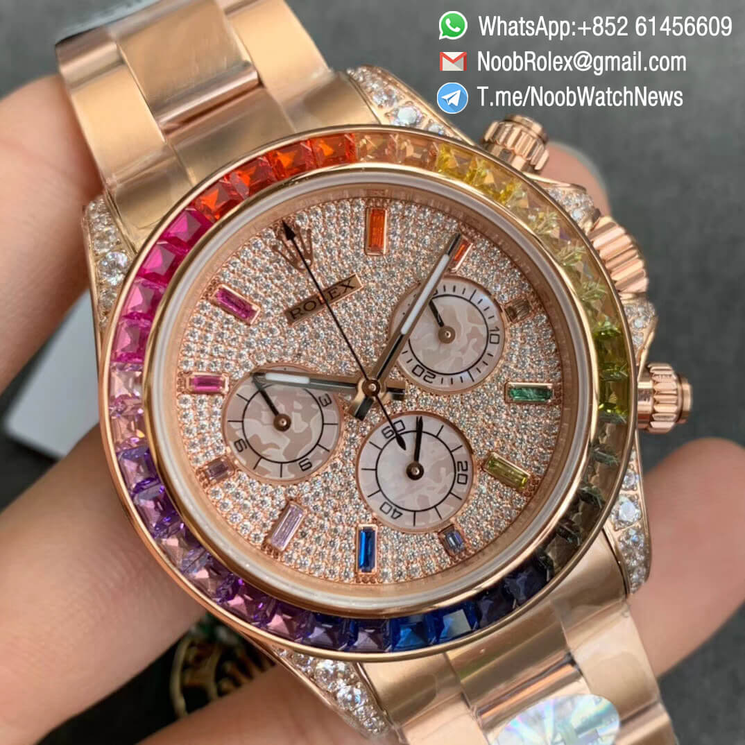 Cheap Rolex Daytona 116595RBOW Full Rose Gold Case Bracelet Rainbow Crystal Bezel Dianmonds Dial A4130 BLF 02