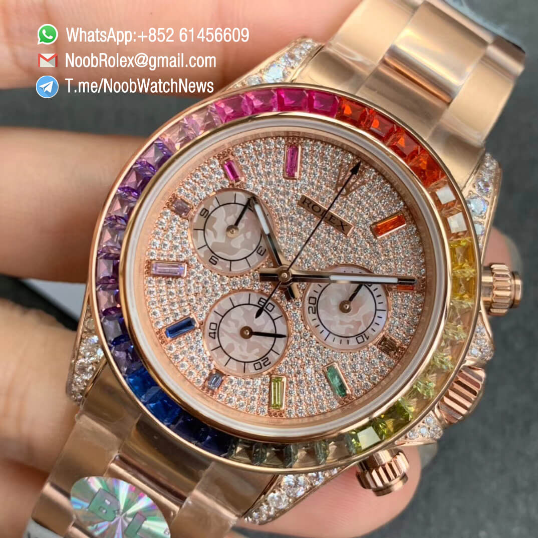 Cheap Rolex Daytona 116595RBOW Full Rose Gold Case Bracelet Rainbow Crystal Bezel Dianmonds Dial A4130 BLF 03