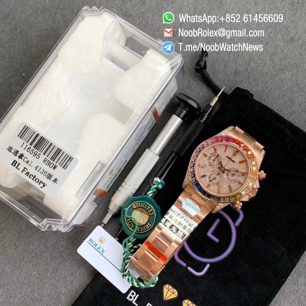 Cheap Rolex Daytona 116595RBOW Full Rose Gold Case Bracelet Rainbow Crystal Bezel Dianmonds Dial A4130 BLF 09