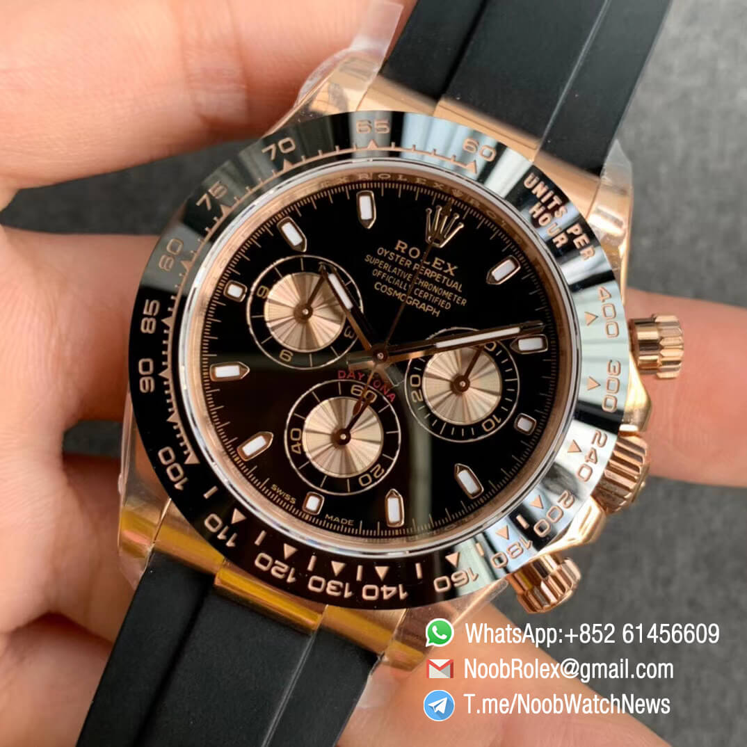China Noob Factory Watch Rolex Daytona 116515 Rose Gold Case Black Dial with Rose Gold Sub Dial on Black Rubber Strap SA4130 V3 03