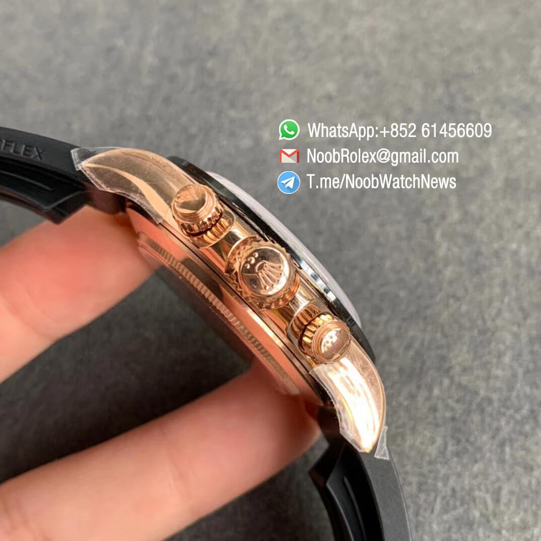 China Noob Factory Watch Rolex Daytona 116515 Rose Gold Case Black Dial with Rose Gold Sub Dial on Black Rubber Strap SA4130 V3 04