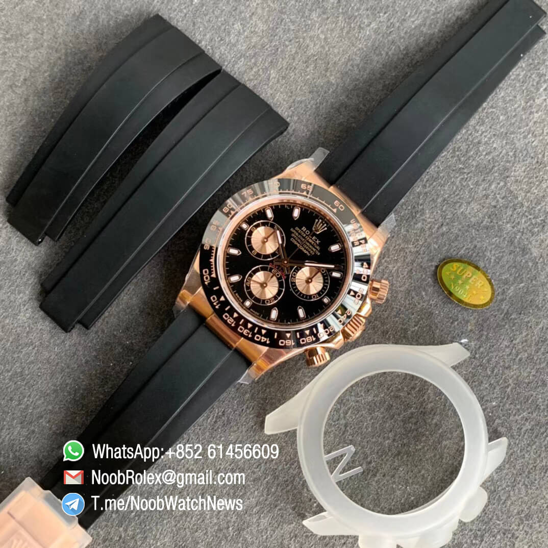 China Noob Factory Watch Rolex Daytona 116515 Rose Gold Case Black Dial with Rose Gold Sub Dial on Black Rubber Strap SA4130 V3 09
