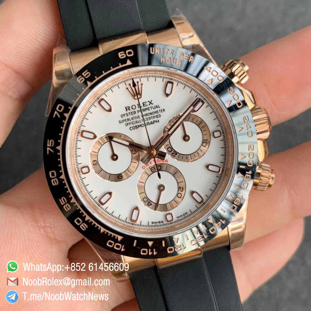 China Noob Factory Watch Rolex Daytona 116515 Rose Gold Case White Dial on Black Rubber Strap SA4130 V3 02