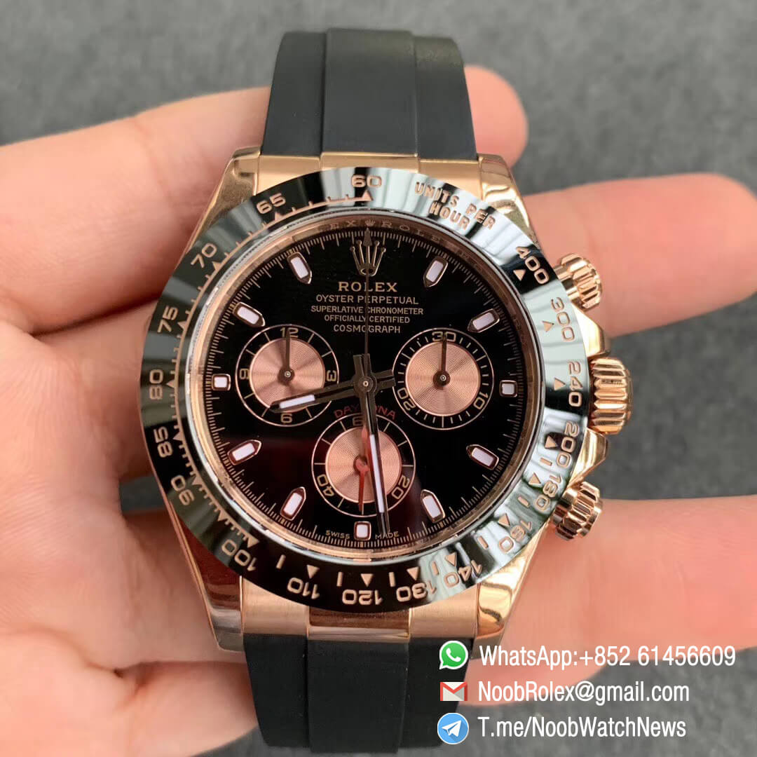 China Noob Watch Rolex Daytona 116515 Rose Gold Case Black Dial with Rose Gold Sub Dial on Black Rubber Strap SA4130 V3 01