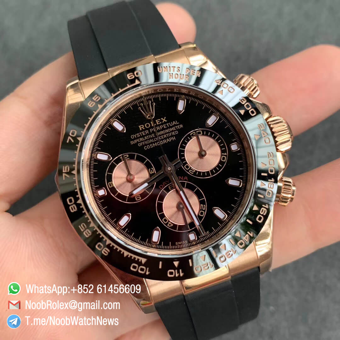 China Noob Watch Rolex Daytona 116515 Rose Gold Case Black Dial with Rose Gold Sub Dial on Black Rubber Strap SA4130 V3 02