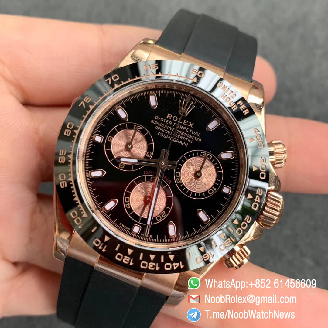 China Noob Watch Rolex Daytona 116515 Rose Gold Case Black Dial with Rose Gold Sub Dial on Black Rubber Strap SA4130 V3 03