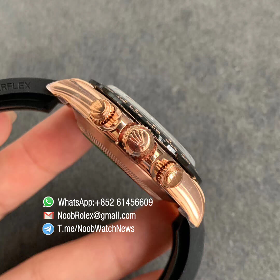 China Noob Watch Rolex Daytona 116515 Rose Gold Case Black Dial with Rose Gold Sub Dial on Black Rubber Strap SA4130 V3 04