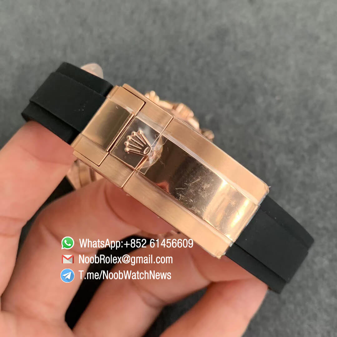 China Noob Watch Rolex Daytona 116515 Rose Gold Case Black Dial with Rose Gold Sub Dial on Black Rubber Strap SA4130 V3 06