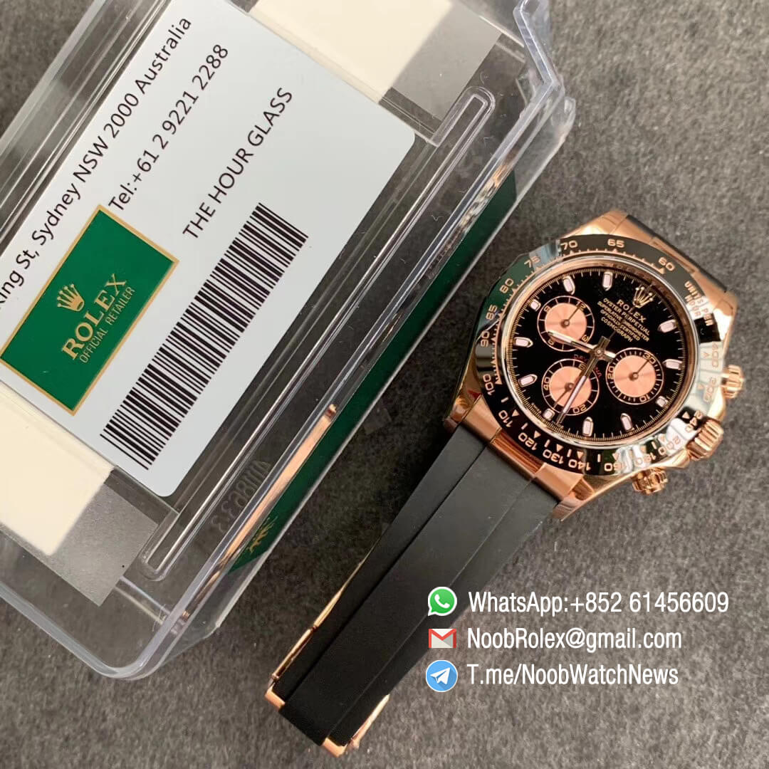 China Noob Watch Rolex Daytona 116515 Rose Gold Case Black Dial with Rose Gold Sub Dial on Black Rubber Strap SA4130 V3 09