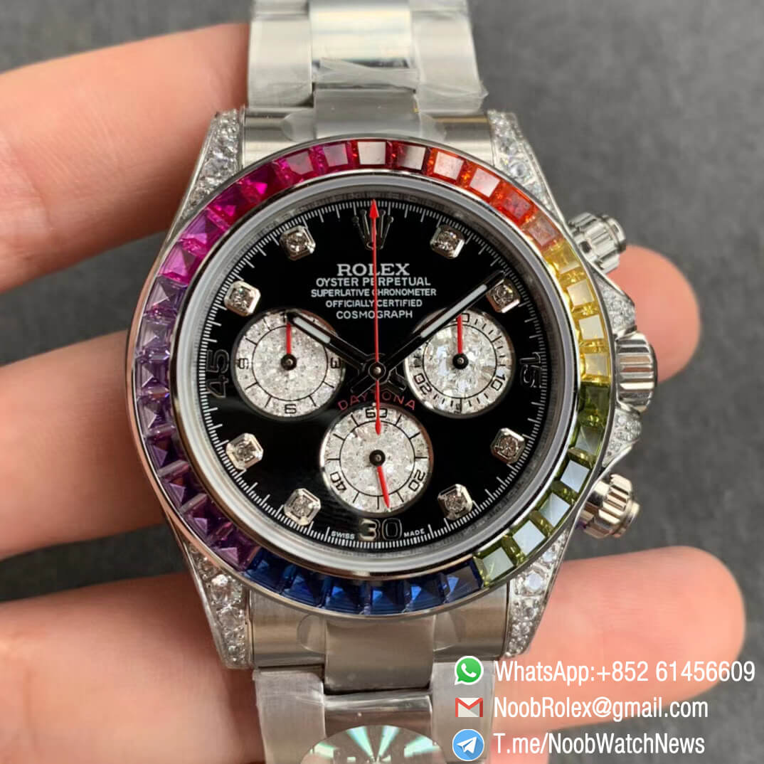 Fake Diamond Rolex Daytona 116599RBOW Steel Case Rainbow Crystal Bezel Black Dial Diamond Markers A4130 BLF 01