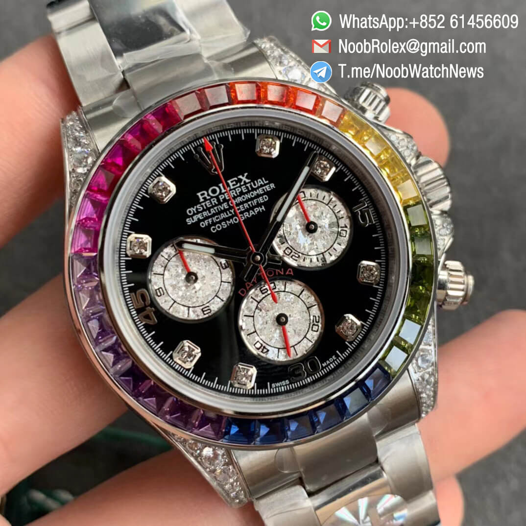 Fake Diamond Rolex Daytona 116599RBOW Steel Case Rainbow Crystal Bezel Black Dial Diamond Markers A4130 BLF 02