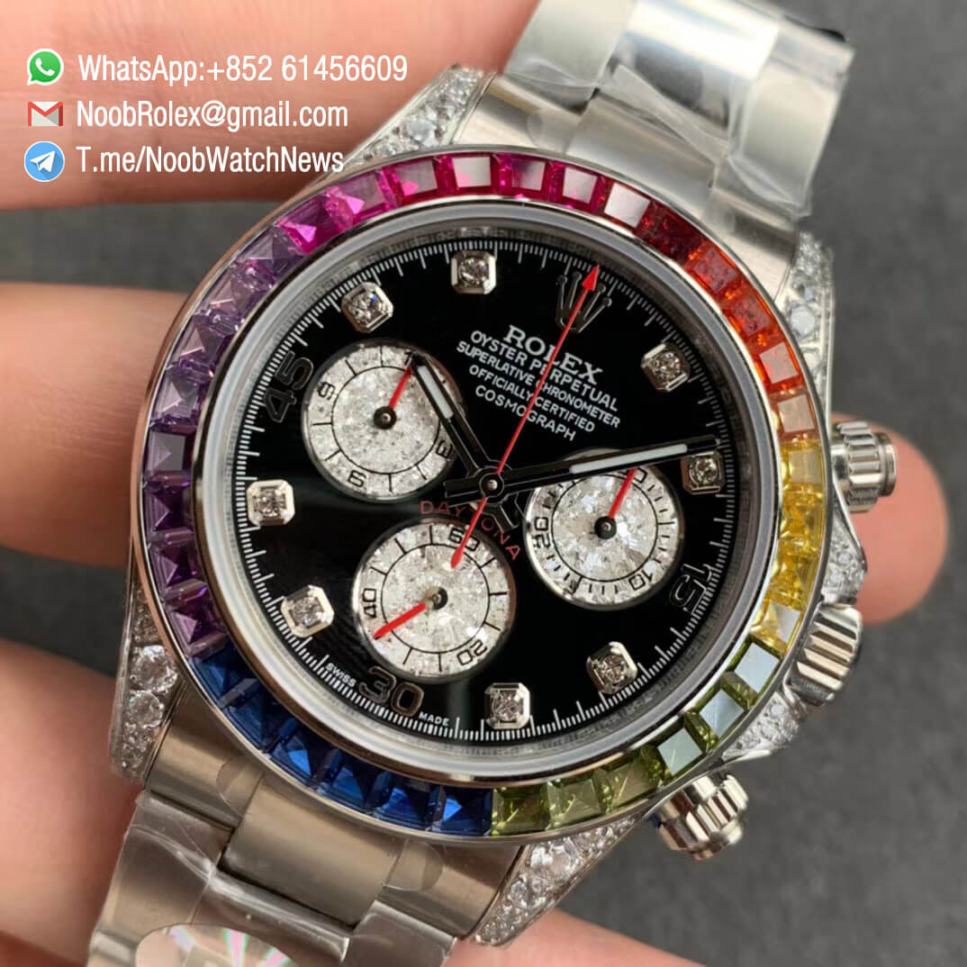 Fake Diamond Rolex Daytona 116599RBOW Steel Case Rainbow Crystal Bezel Black Dial Diamond Markers A4130 BLF 03