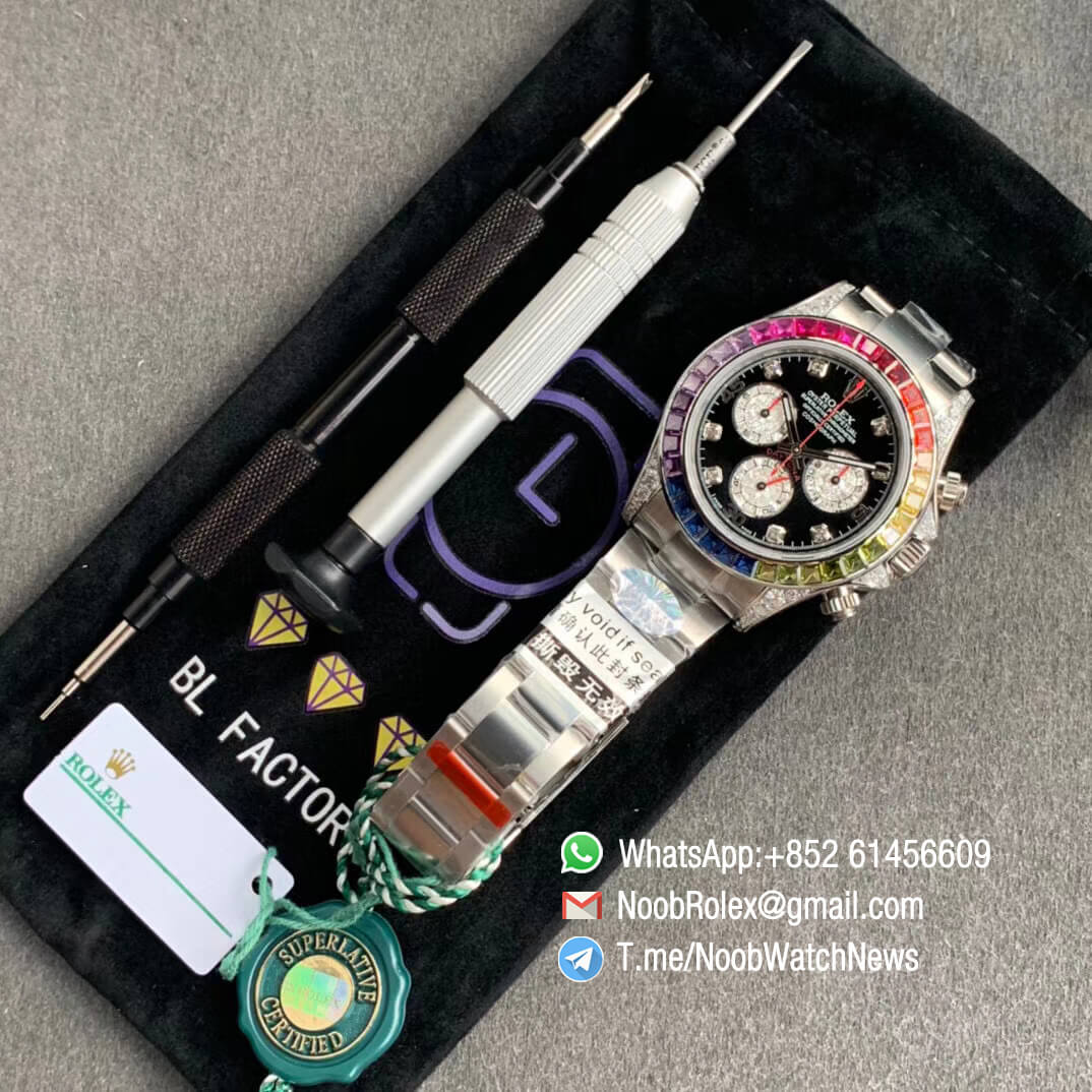 Fake Diamond Rolex Daytona 116599RBOW Steel Case Rainbow Crystal Bezel Black Dial Diamond Markers A4130 BLF 09
