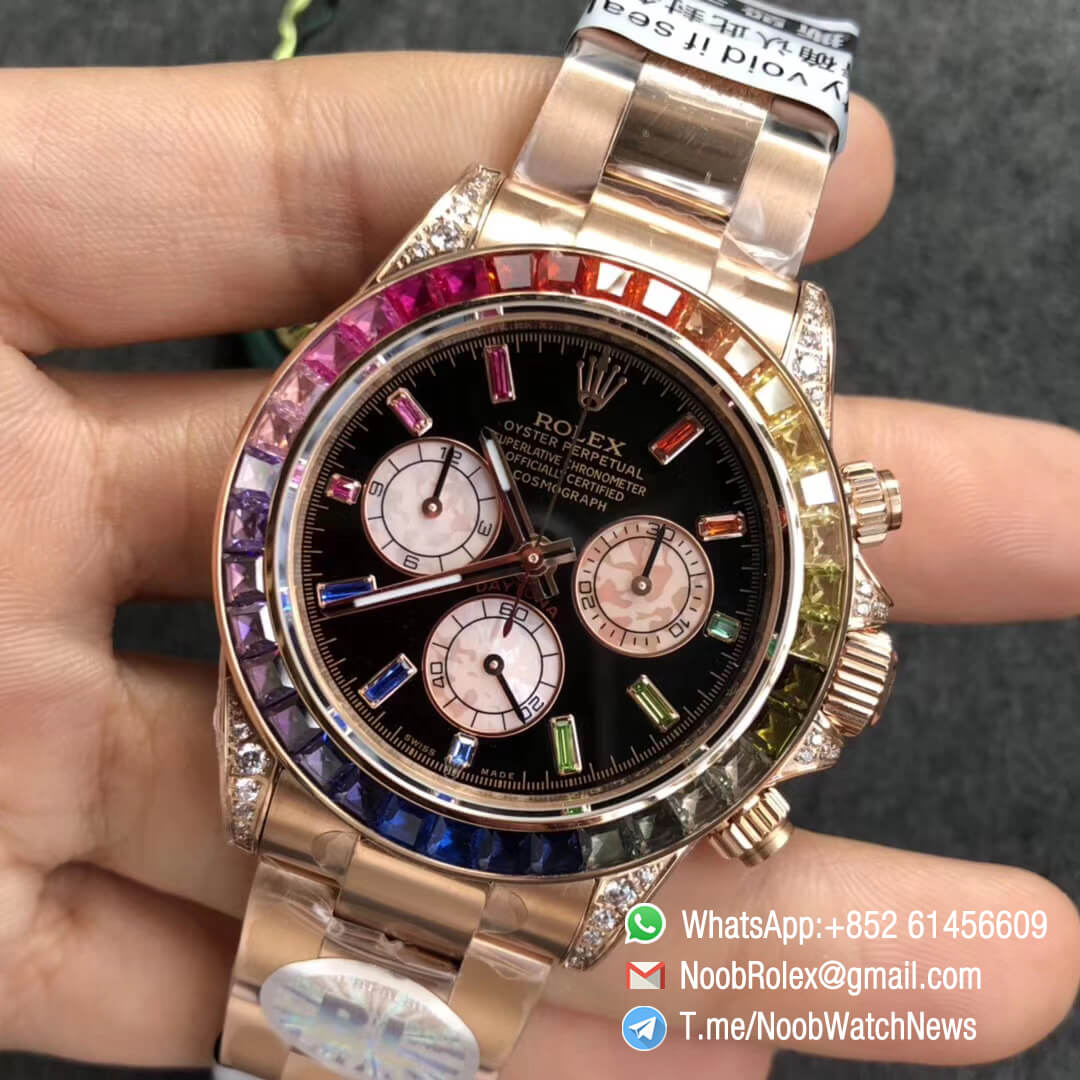 Fake Rolexes Daytona 116595RBOW Full Rose Gold Rainbow Crystal Bezel Black Dial Stick Diamond Markers A4130 BLF Super Clone Rolex 03