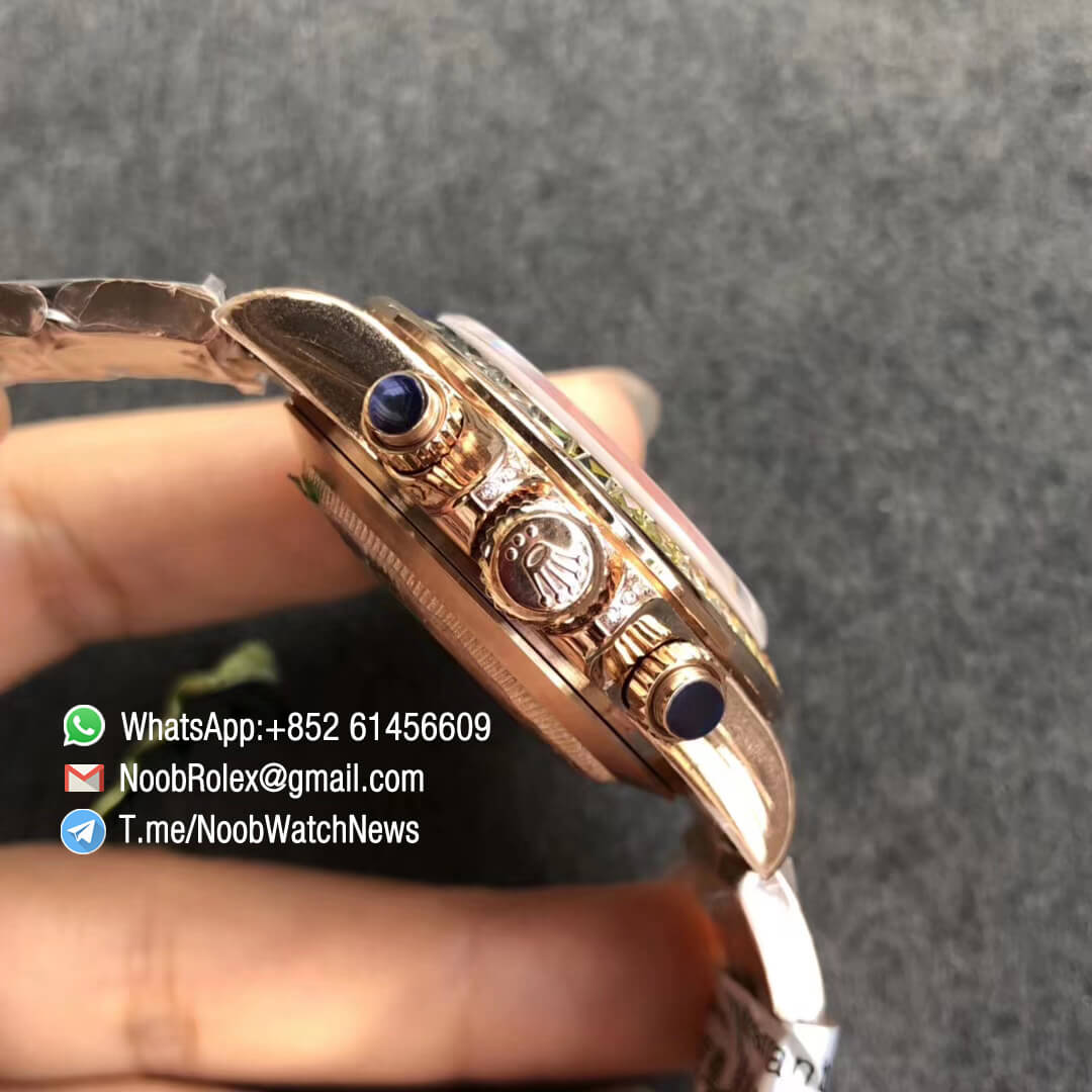 Fake Rolexes Daytona 116595RBOW Full Rose Gold Rainbow Crystal Bezel Black Dial Stick Diamond Markers A4130 BLF Super Clone Rolex 04