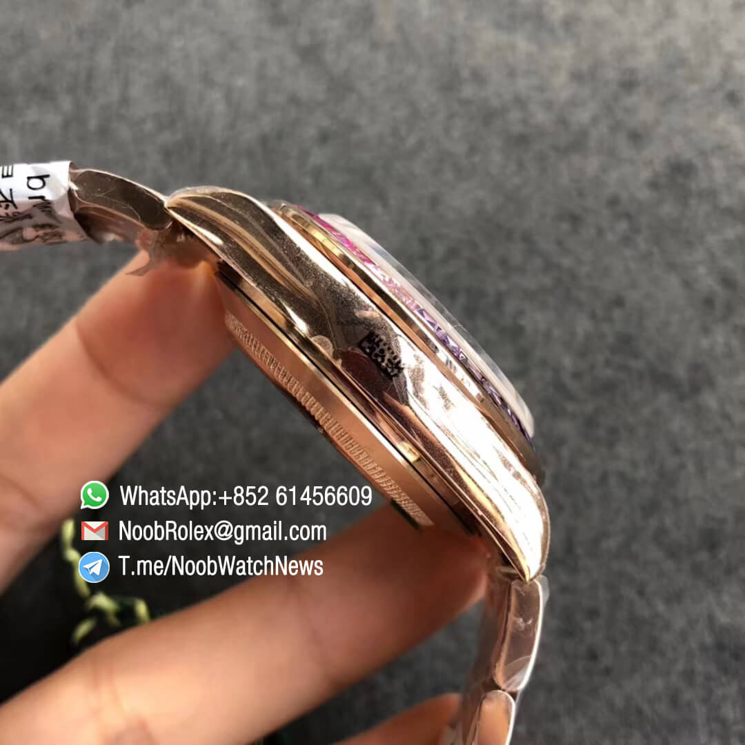 Fake Rolexes Daytona 116595RBOW Full Rose Gold Rainbow Crystal Bezel Black Dial Stick Diamond Markers A4130 BLF Super Clone Rolex 05